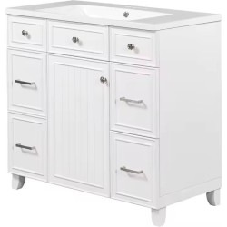 36" White Bathroom Vanity Combo with Elegent Undermount Storage Cabinet Set with Doors & Drawers Easy Installation Solid Wood