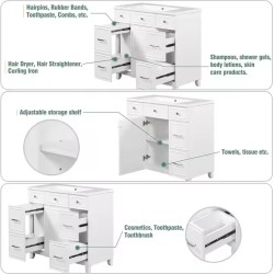 36" White Bathroom Vanity Combo with Elegent Undermount Storage Cabinet Set with Doors & Drawers Easy Installation Solid Wood