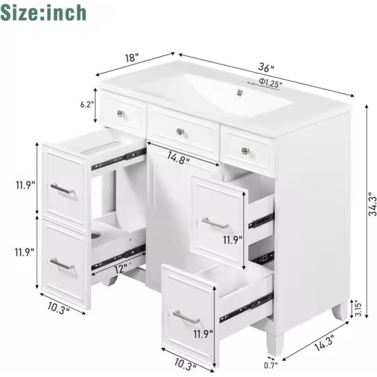 36" White Bathroom Vanity Combo with Elegent Undermount Storage Cabinet Set with Doors & Drawers Easy Installation Solid Wood