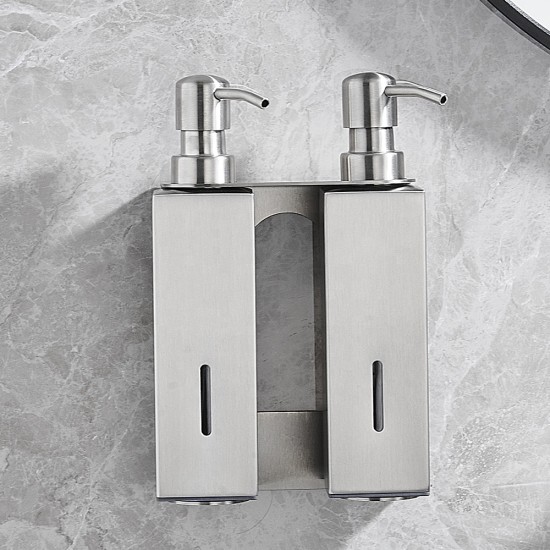 2 in 1 Stainless Steel Double Soap Dispenser Wall-Mount Shower Bath For Hotel