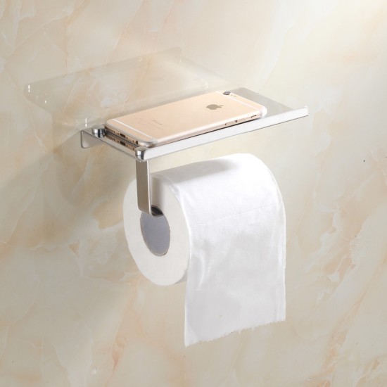 Stainless Steel WC Toilet Tissue Roll Paper Holder Stand With Phone Shelf Wall Mounted