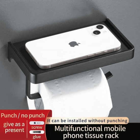 Aluminum Black Toilet Paper Holder Bathroom Storage Rack With Phone Shelf Wall Mounted