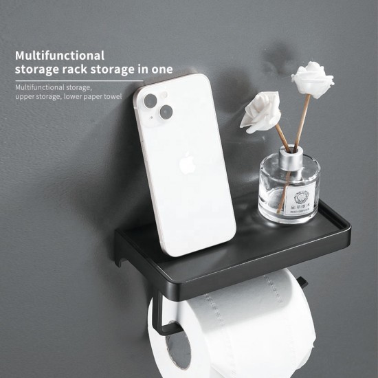 Aluminum Black Toilet Paper Holder Bathroom Storage Rack With Phone Shelf Wall Mounted